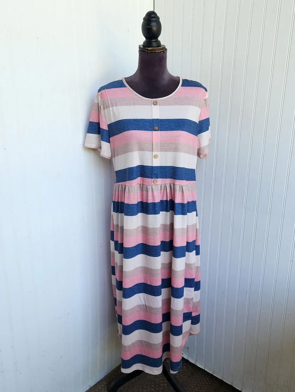 Emery Rose Curve 2XL Pink Blue Beige Knit Stretch Short SLEEVE DRESs Button - Picture 2 of 16